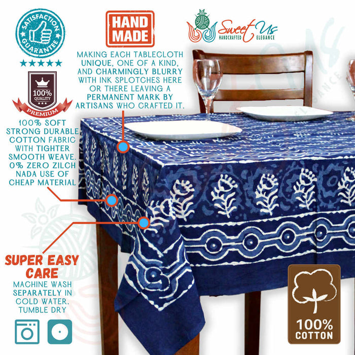 Chiara Petals Cotton Hand Block Print Tablecloth Rectangle, Indigo Blue - Sweet Us