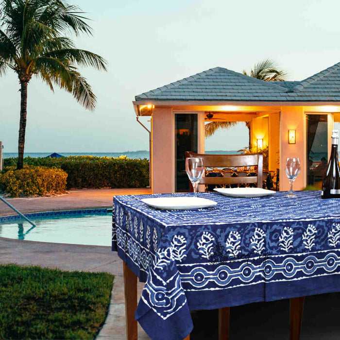 Chiara Petals Cotton Hand Block Print Tablecloth Rectangle, Indigo Blue - Sweet Us