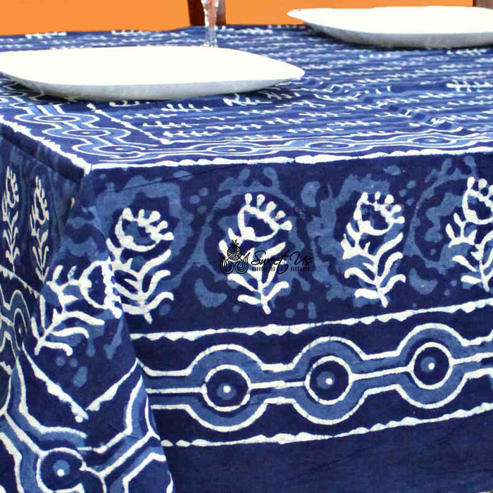 Chiara Petals Cotton Hand Block Print Tablecloth Rectangle, Indigo Blue - Sweet Us