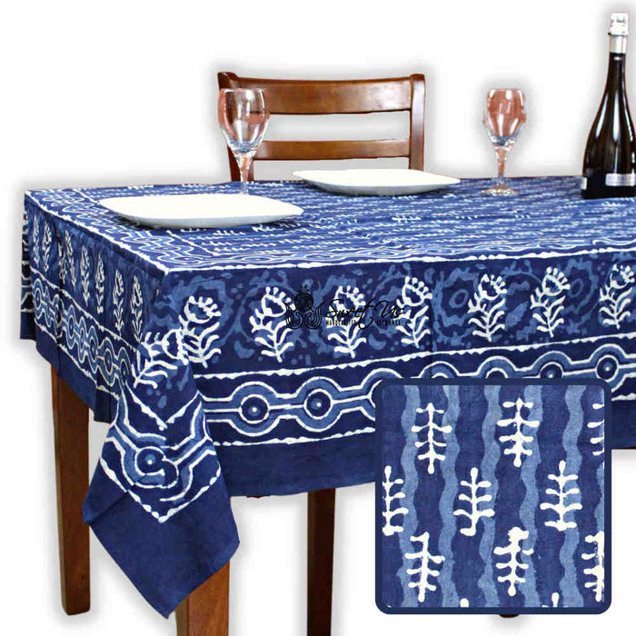 Chiara Petals Cotton Hand Block Print Tablecloth Rectangle, Indigo Blue - Sweet Us