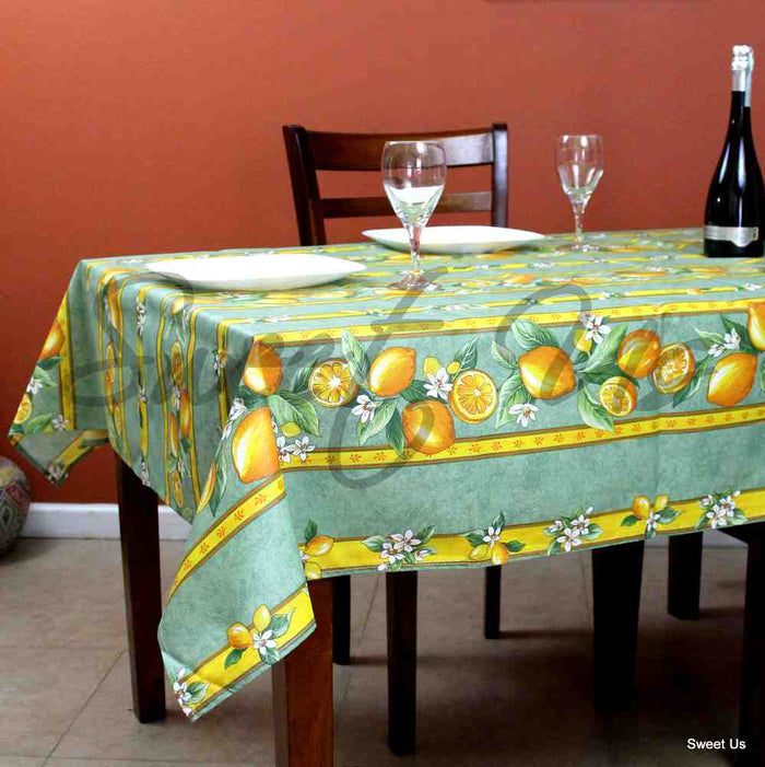 Wipeable Acrylic Coated Cotton Tablecloth Rectangle Lemon Blue, Green, Orange - Sweet Us