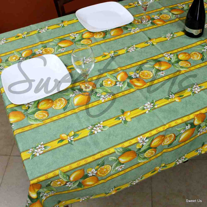 Wipeable Acrylic Coated Cotton Tablecloth Rectangle Lemon Blue, Green, Orange - Sweet Us