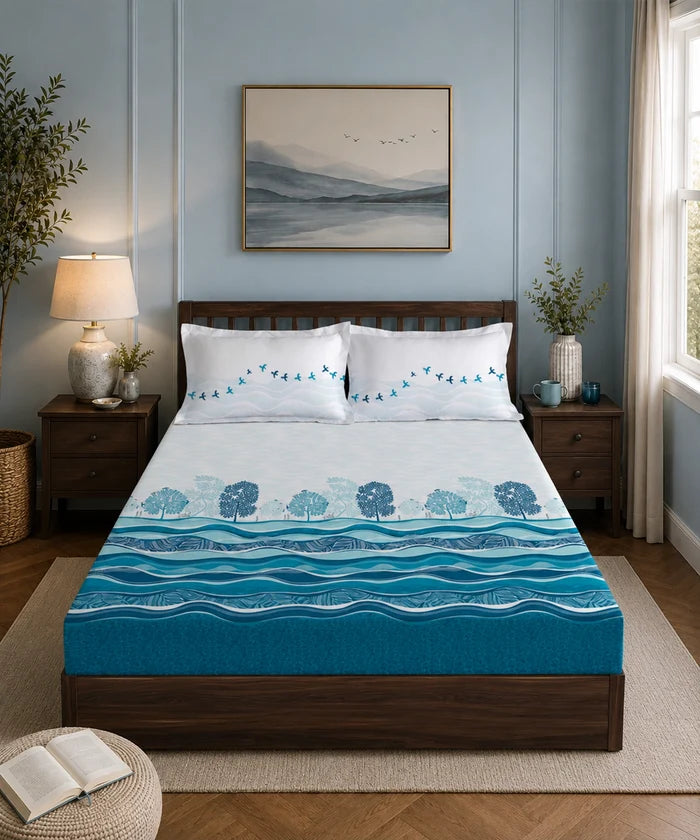 Classic Folklores King Bedsheet Set, River of Realms |210 TC Cotton| 2 Pillow Covers