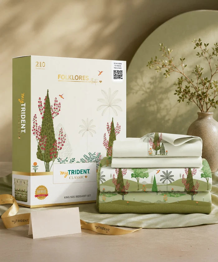 Classic Folklores King Bedsheet Set, Whispers of Vatika|210 TC Cotton| 2 Pillow Covers