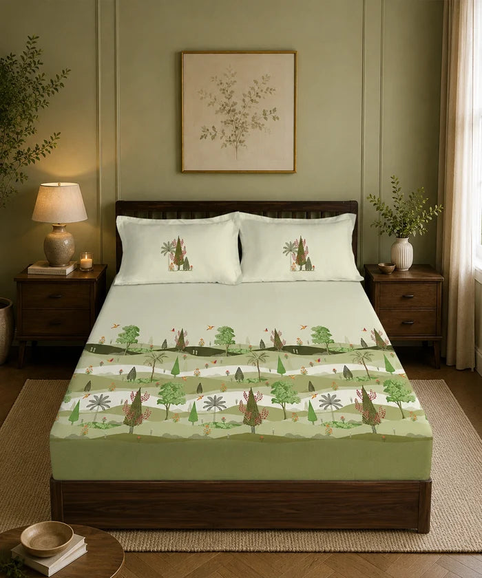 Classic Folklores King Bedsheet Set, Whispers of Vatika|210 TC Cotton| 2 Pillow Covers