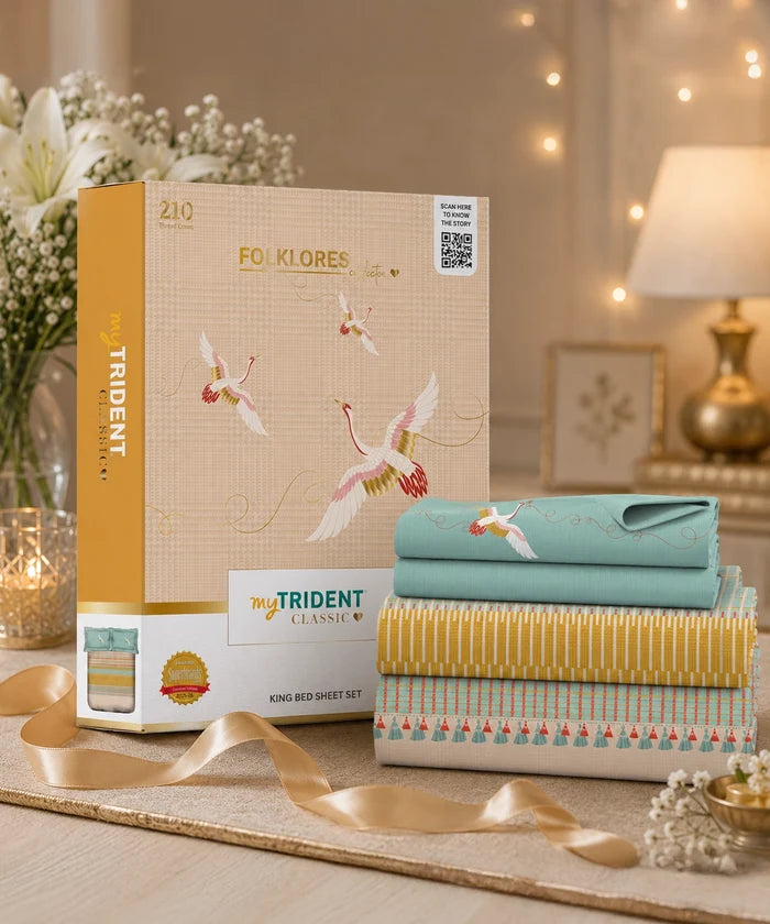 Classic Folklores King Bedsheet Set, Wings Of Weft |210 TC Cotton| 2 Pillow Covers
