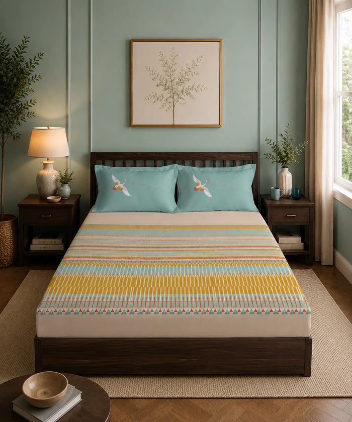 Classic Folklores King Bedsheet Set, Wings Of Weft |210 TC Cotton| 2 Pillow Covers