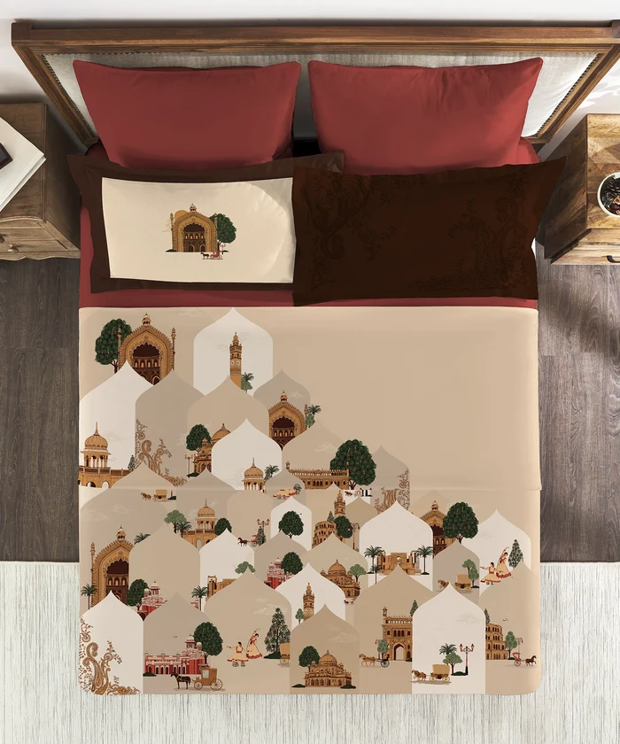 Classic Safarnama King Bedsheet Set, Awadhi Ride | 210 TC Cotton| 4 Pillow Covers