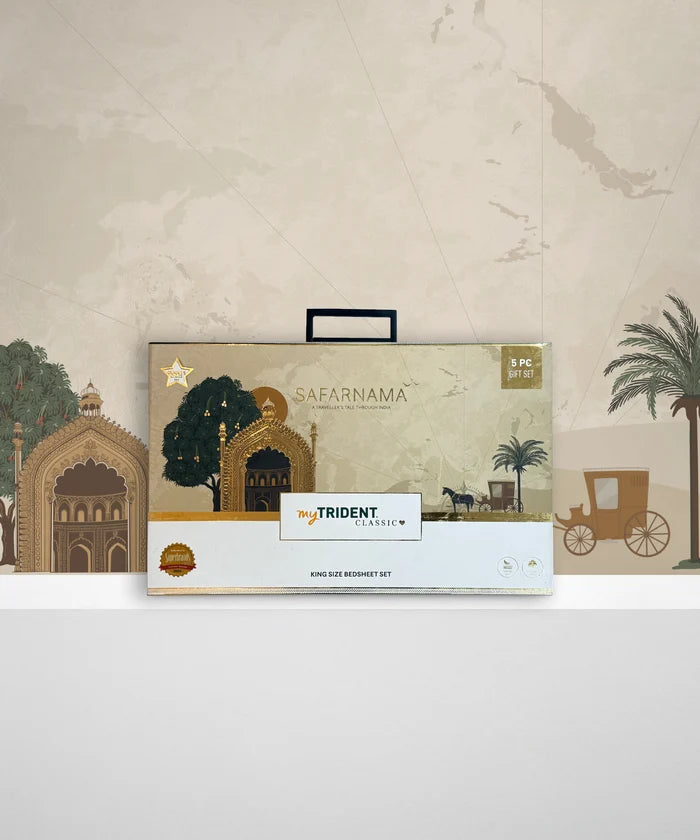 Classic Safarnama King Bedsheet Set, Awadhi Ride | 210 TC Cotton| 4 Pillow Covers