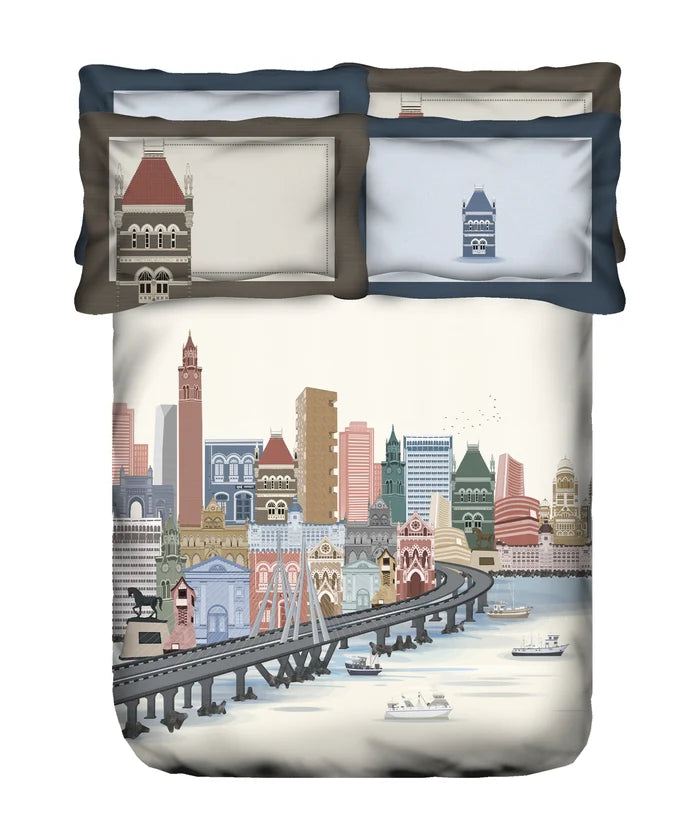 Classic Safarnama King Bedsheet Set, City Rush | 210 TC Cotton| 4 Pillow Covers