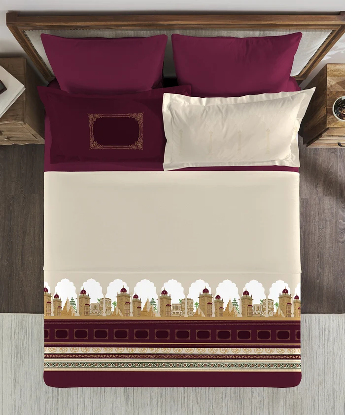 Classic Safarnama King Bedsheet Set, Golden Chariot| 210 TC Cotton| 4 Pillow Covers