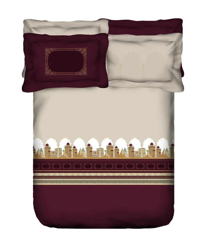Classic Safarnama King Bedsheet Set, Golden Chariot| 210 TC Cotton| 4 Pillow Covers