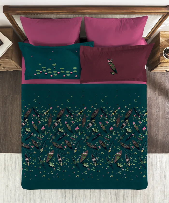 Classic Safarnama King Bedsheet Set, Lakeside Drift | 210 TC Cotton| 4 Pillow Covers