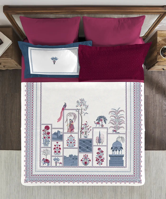 Classic Safarnama King Bedsheet Set, The Caravans | 210 TC Cotton| 4 Pillow Covers