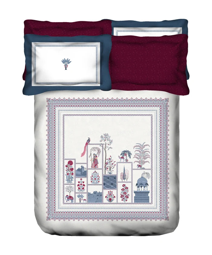 Classic Safarnama King Bedsheet Set, The Caravans | 210 TC Cotton| 4 Pillow Covers