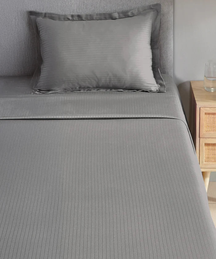 Classic Stripe Solid Dyed Single Bedsheet Set, Frost Grey|210 TC Cotton|1 Pillow Cover