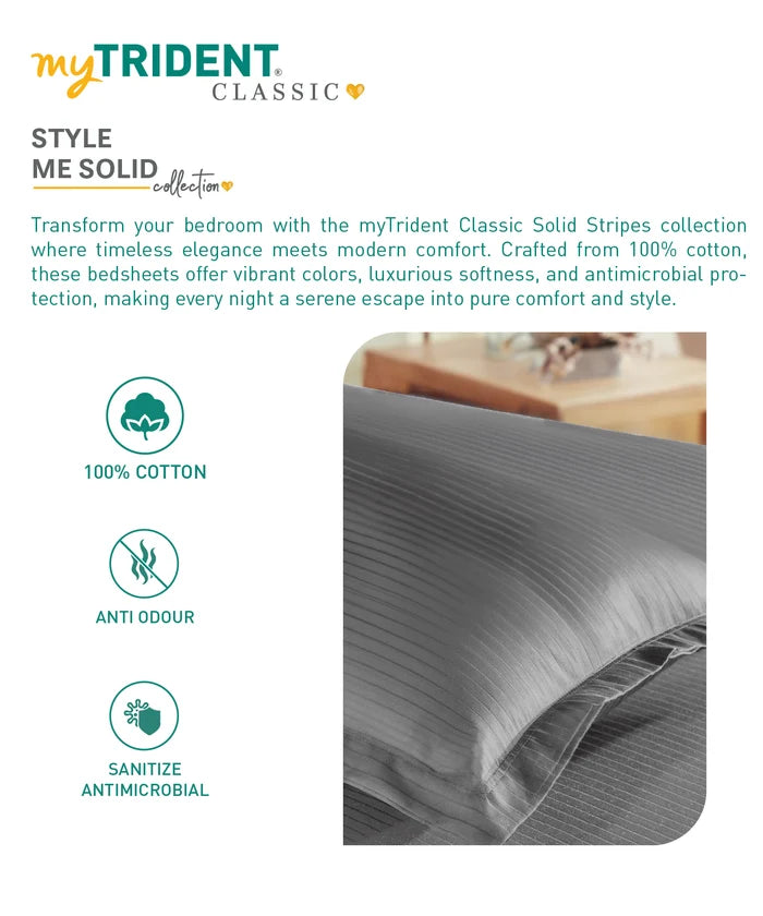 Classic Stripe Solid Dyed Single Bedsheet Set, Frost Grey|210 TC Cotton|1 Pillow Cover