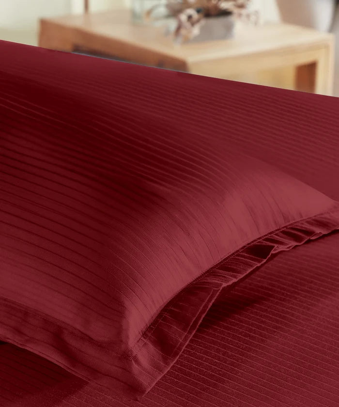 Classic Stripe Solid Dyed Single Bedsheet Set, Ruby Maroon|210 TC Cotton|1 Pillow Cover
