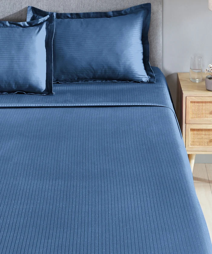 Classic Stripe Solid King Bedsheet Set, Air Force|210 TC Cotton| 2 Pillow Covers