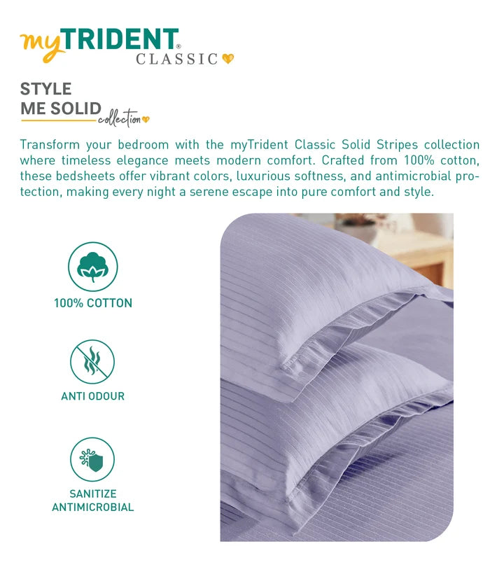 Classic Stripe Solid King Bedsheet Set, Amethyst|210 TC Cotton| 2 Pillow Covers