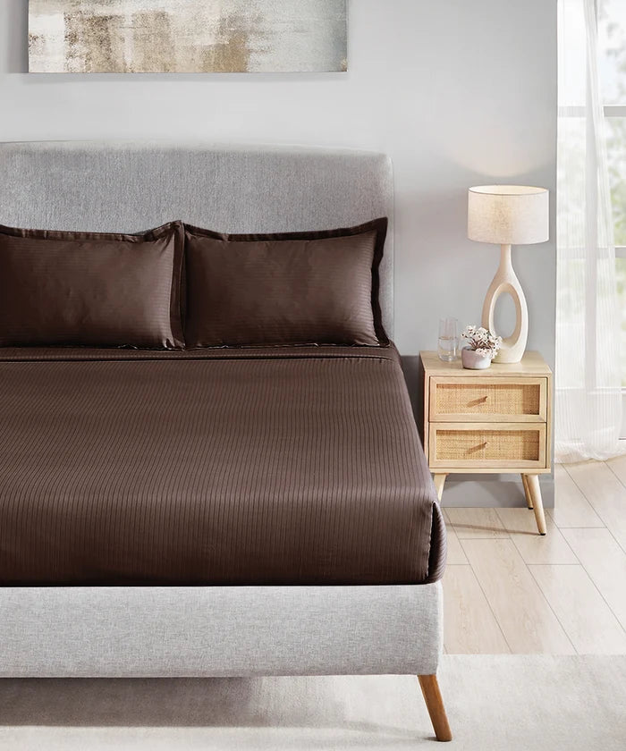 Classic Stripe Solid King Bedsheet Set, Brown Syrup|210 TC Cotton| 2 Pillow Covers