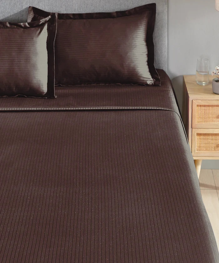 Classic Stripe Solid King Bedsheet Set, Brown Syrup|210 TC Cotton| 2 Pillow Covers