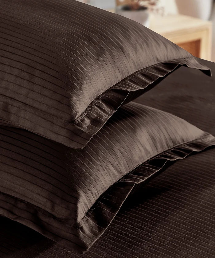 Classic Stripe Solid King Bedsheet Set, Brown Syrup|210 TC Cotton| 2 Pillow Covers