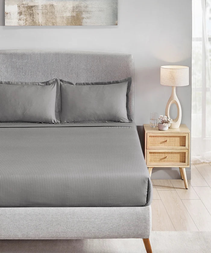 Classic Stripe Solid King Bedsheet Set, Frost Grey|210 TC Cotton| 2 Pillow Covers