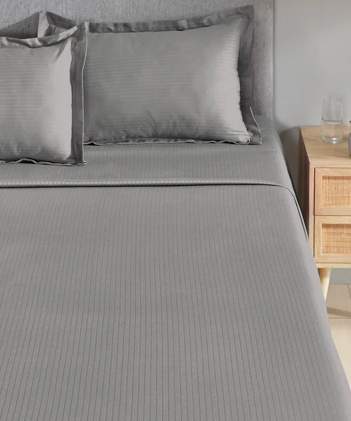 Classic Stripe Solid King Bedsheet Set, Frost Grey|210 TC Cotton| 2 Pillow Covers