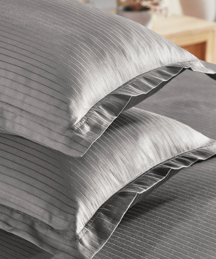 Classic Stripe Solid King Bedsheet Set, Frost Grey|210 TC Cotton| 2 Pillow Covers