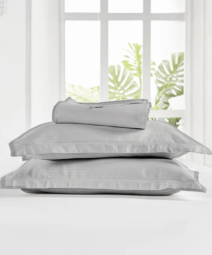 Classic Stripe Solid King Bedsheet Set, Frost Grey|210 TC Cotton| 2 Pillow Covers