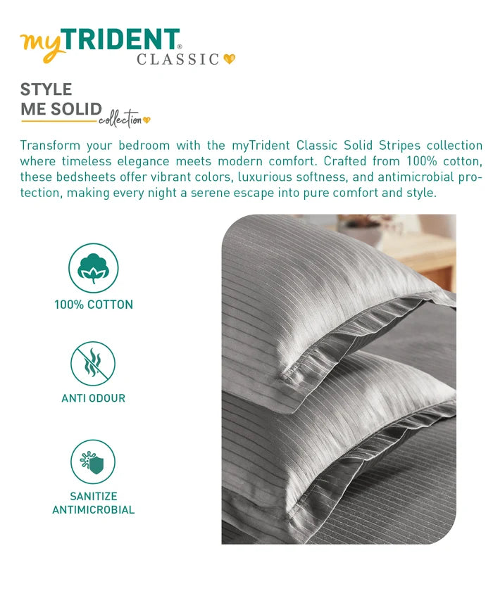 Classic Stripe Solid King Bedsheet Set, Frost Grey|210 TC Cotton| 2 Pillow Covers