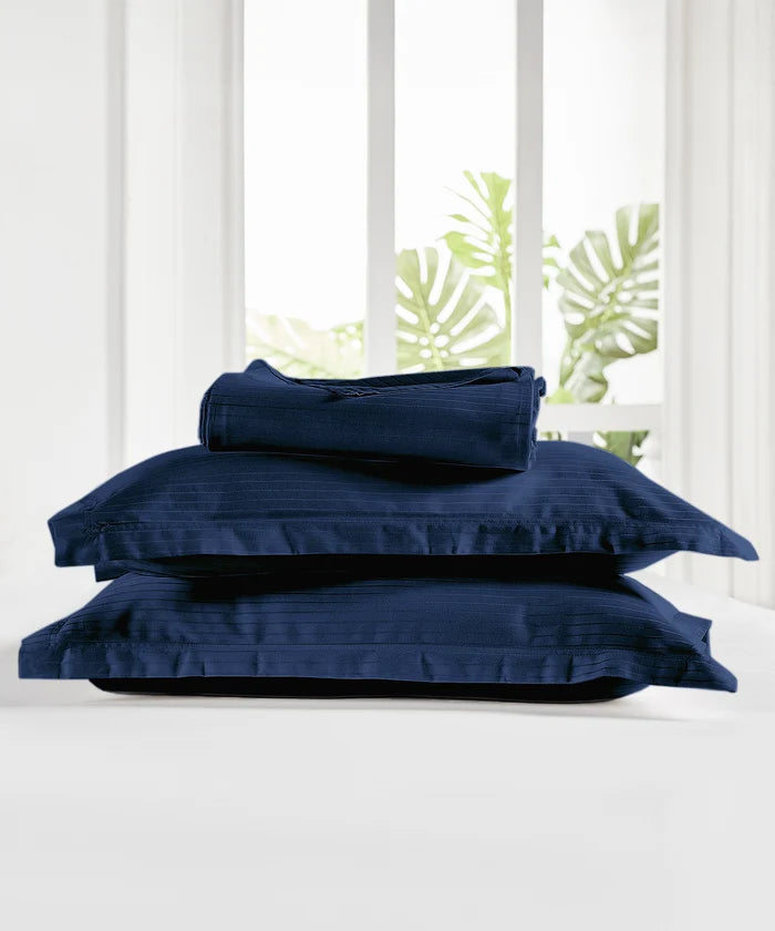 Classic Stripe Solid King Bedsheet Set, Iron Blue|210 TC Cotton| 2 Pillow Covers
