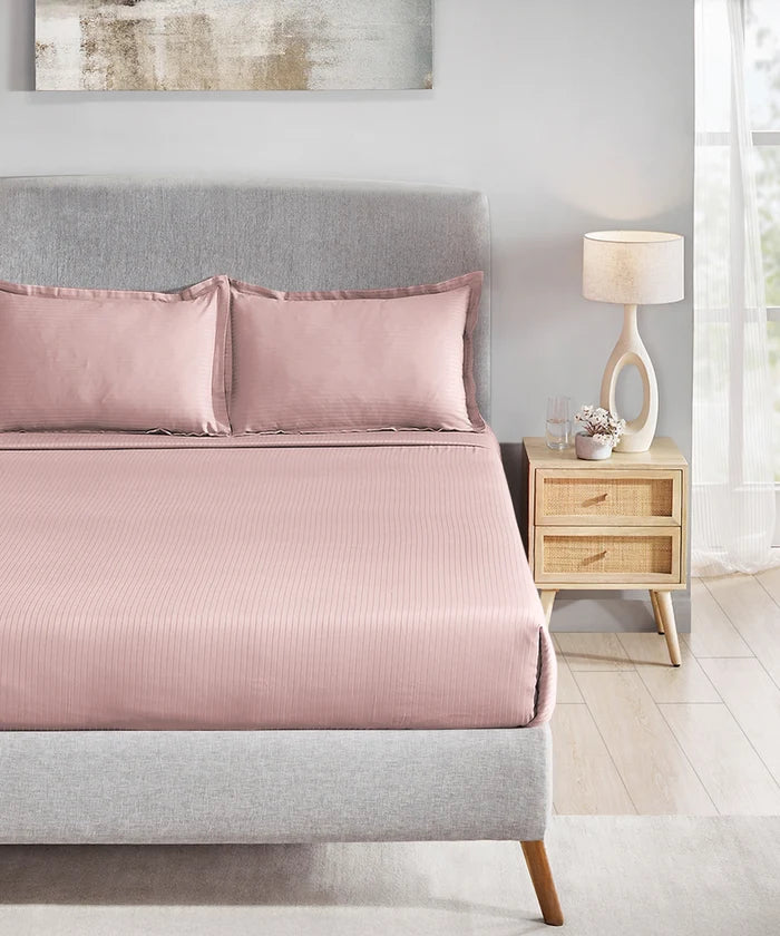 Classic Stripe Solid King Bedsheet Set, Pale Mauve|210 TC Cotton| 2 Pillow Covers