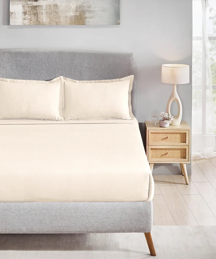 Classic Stripe Solid King Bedsheet Set, Pearled ivory|210 TC Cotton| 2 Pillow Covers