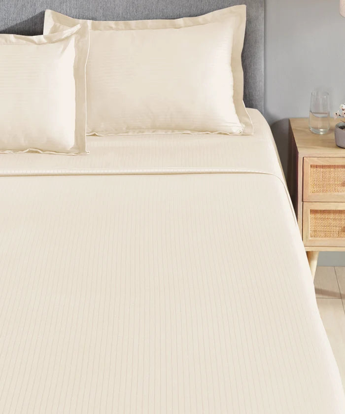 Classic Stripe Solid King Bedsheet Set, Pearled ivory|210 TC Cotton| 2 Pillow Covers