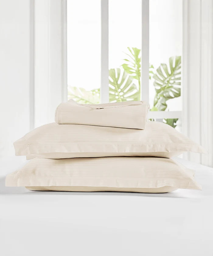 Classic Stripe Solid King Bedsheet Set, Pearled ivory|210 TC Cotton| 2 Pillow Covers
