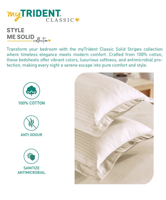 Classic Stripe Solid King Bedsheet Set, Pearled ivory|210 TC Cotton| 2 Pillow Covers