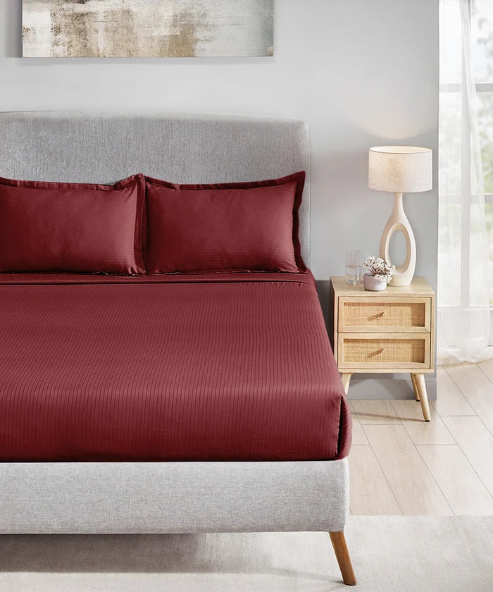 Classic Stripe Solid King Bedsheet Set, Ruby Maroon|210 TC Cotton| 2 Pillow Covers