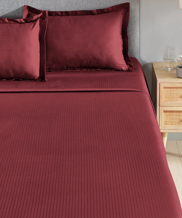 Classic Stripe Solid King Bedsheet Set, Ruby Maroon|210 TC Cotton| 2 Pillow Covers