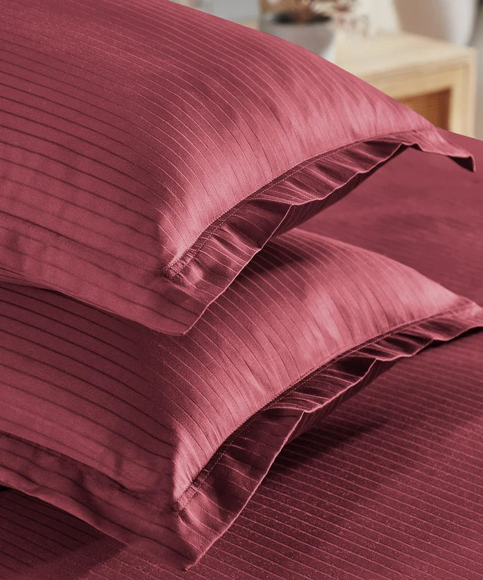 Classic Stripe Solid King Bedsheet Set, Ruby Maroon|210 TC Cotton| 2 Pillow Covers