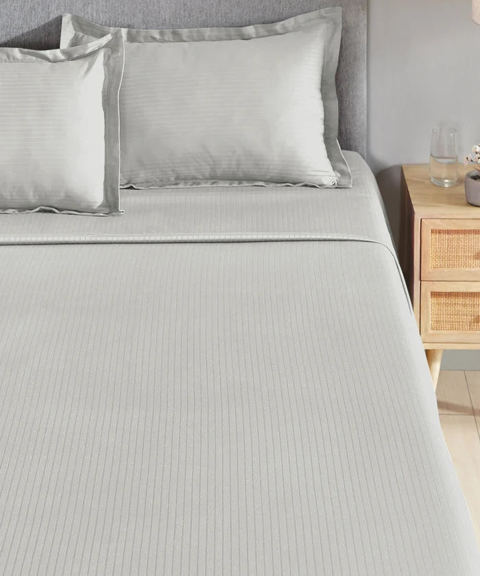 Classic Stripe Solid King Bedsheet Set, Snow Flakes|210 TC Cotton| 2 Pillow Covers