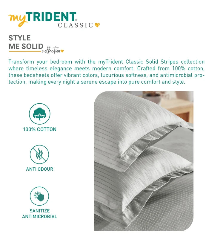 Classic Stripe Solid King Bedsheet Set, Snow Flakes|210 TC Cotton| 2 Pillow Covers
