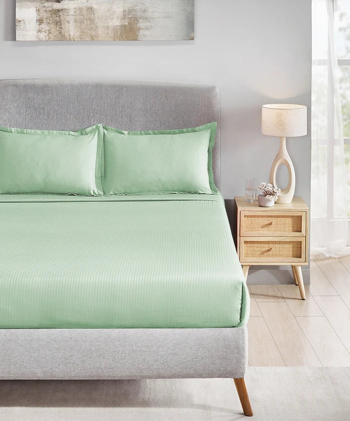 Classic Stripe Solid King Bedsheet Set,Sea Foam|210 TC Cotton| 2 Pillow Covers