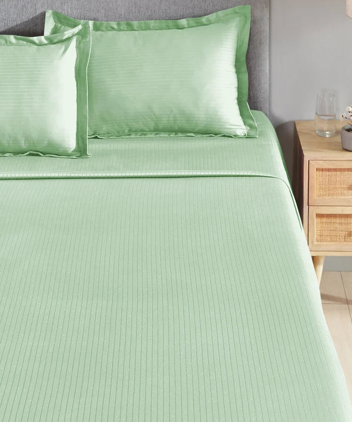 Classic Stripe Solid King Bedsheet Set,Sea Foam|210 TC Cotton| 2 Pillow Covers