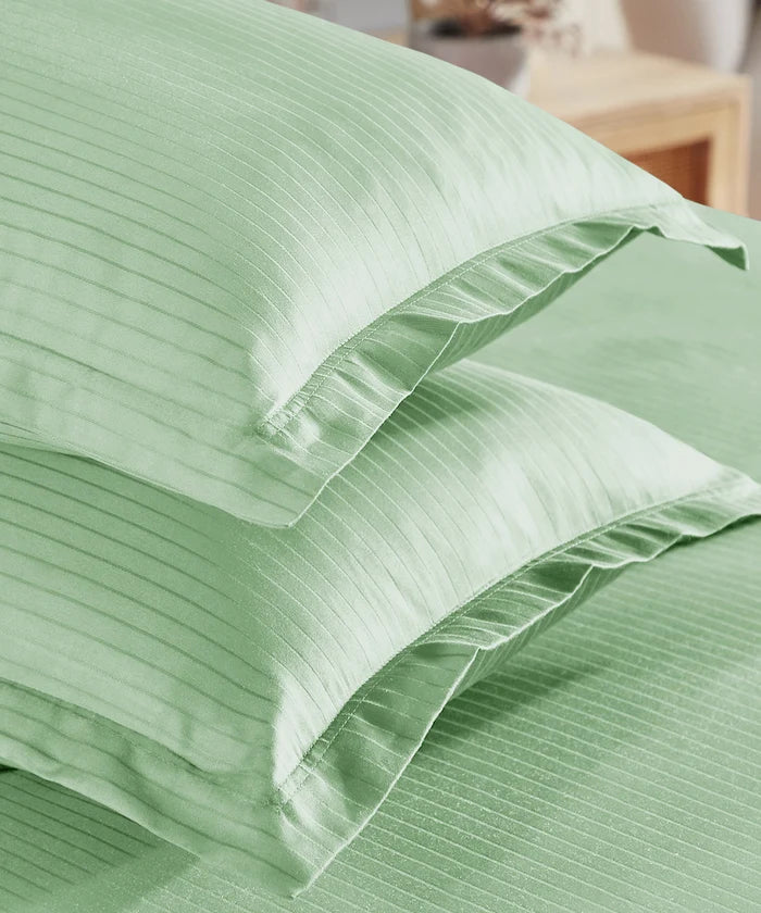 Classic Stripe Solid King Bedsheet Set,Sea Foam|210 TC Cotton| 2 Pillow Covers