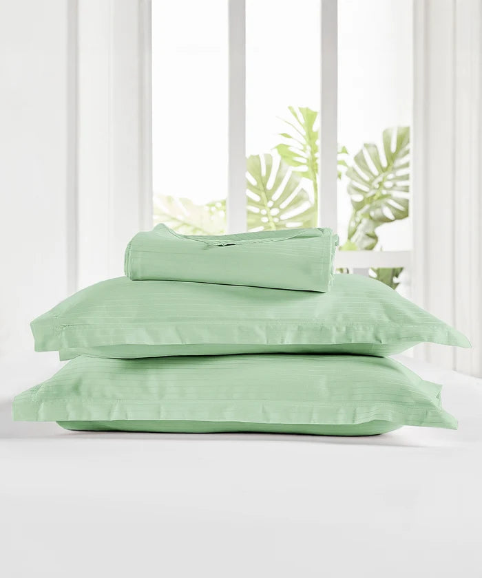 Classic Stripe Solid King Bedsheet Set,Sea Foam|210 TC Cotton| 2 Pillow Covers