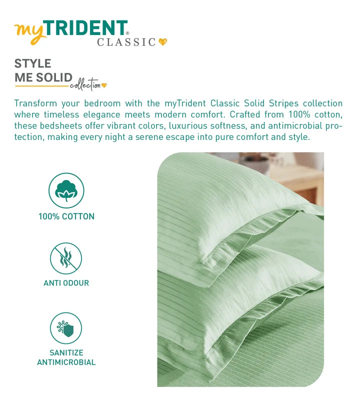 Classic Stripe Solid King Bedsheet Set,Sea Foam|210 TC Cotton| 2 Pillow Covers