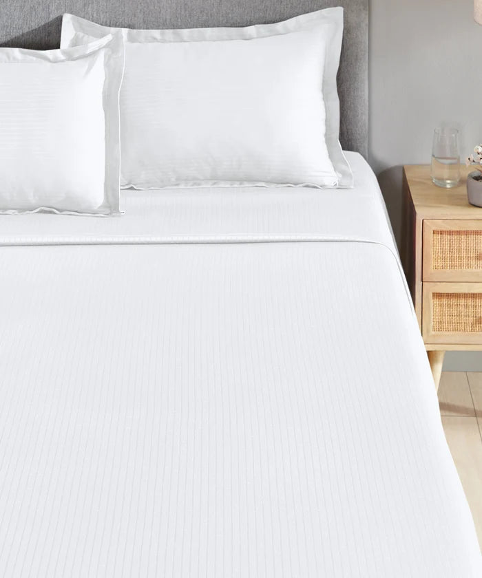 Classic Stripe Solid King Bedsheet Set,White |210 TC Cotton| 2 Pillow Covers
