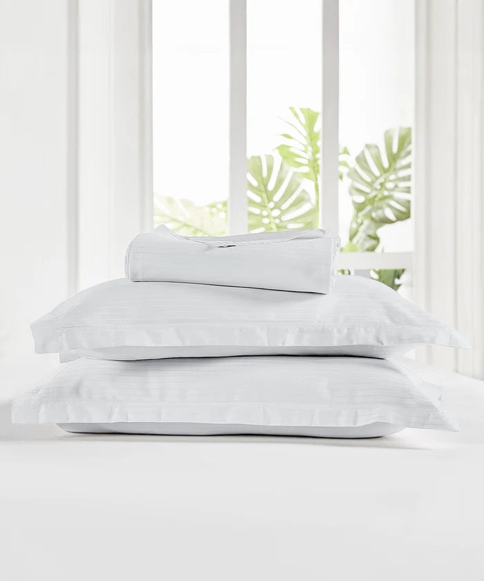 Classic Stripe Solid King Bedsheet Set,White |210 TC Cotton| 2 Pillow Covers